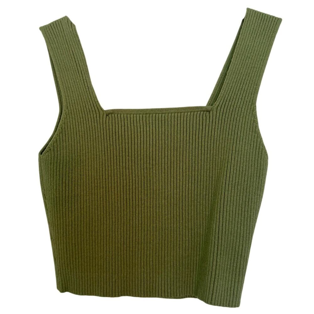 Womens Tank Top Cropped Ribbed Knit Square Neck Minimalist Y2K Green Size S